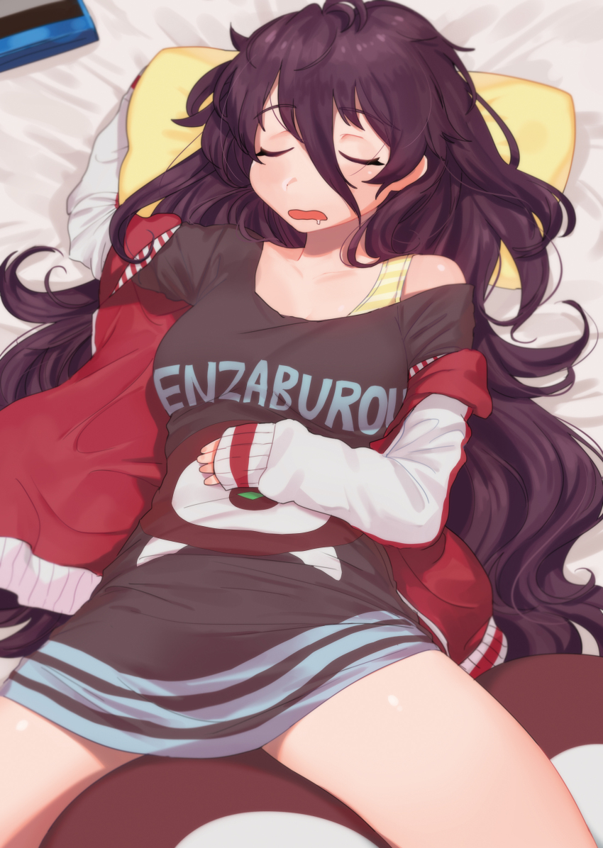 1girl absurdres battle_girl_high_school bp_(hbgppppp) bra_strap closed_eyes collarbone drooling hair_between_eyes highres jacket long_hair long_shirt long_sleeves lying mouth_drool off_shoulder on_back pillow purple_hair red_jacket shirt sleeping solo stuffed_toy t-shirt tsubuzaki_anko