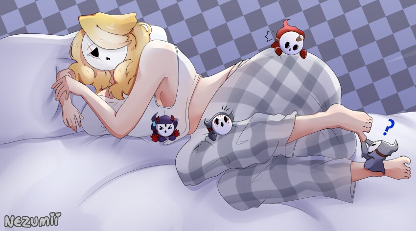 1girl 2022 4boys ? absurdres arm_support artist_name ass bare_shoulders barefoot blonde_hair borrowed_character breasts checkered_background commentary commission english_commentary female_focus foot_grab full_body giant giantess grabbing_another&#039;s_ass groping hair_over_one_eye highres jitome large_breasts leg_grab locket_white_(bakalorin) long_hair lying lying_on_person mario_(series) midriff multiple_boys nezumii nintendo notice_lines on_bed on_side original pillow scar scar_across_eye scar_on_face shirt shy_gal shy_guy signature sleepy solo spoken_question_mark super_mario_bros._2 tank_top thick_thighs thighs toes white_mask white_shirt