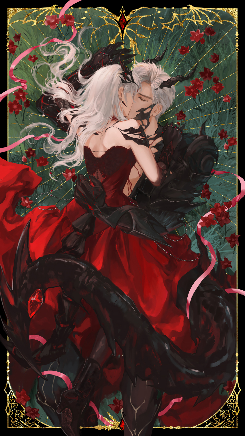 1boy 1girl absurdres armor black_claws black_horns black_tail border choker claws closed_eyes couple danke_reverse_d dragon_claw dragon_horns dragon_tail dress earrings floating_earring flower gem grass hand_on_another&#039;s_back hand_on_another&#039;s_shoulder hetero highres horns hug jewelry kiss long_hair love_and_deepspace lying on_back on_grass ornate_border protagonist_(love_and_deepspace) red_choker red_dress red_flower red_gemstone red_ribbon ribbon ring short_hair shoulder_armor sleeveless sleeveless_dress strapless strapless_dress sylus_(love_and_deepspace) tail tarot white_hair
