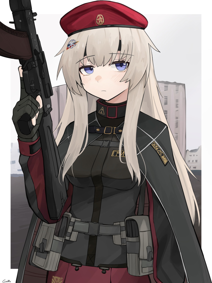 1girl absurdres ak-74m ak74m_(girls&#039;_frontline) assault_rifle beret breasts building camouflage_cloak camouflage_gloves ear_protection gamryous girls&#039;_frontline gun hair_ornament hat highres holding holding_gun holding_weapon kalashnikov_rifle light_brown_hair long_hair looking_afar medium_breasts purple_eyes red_star revision rifle russia russian_flag simple_background snowflake_hair_ornament solo star_(symbol) tactical_clothes weapon