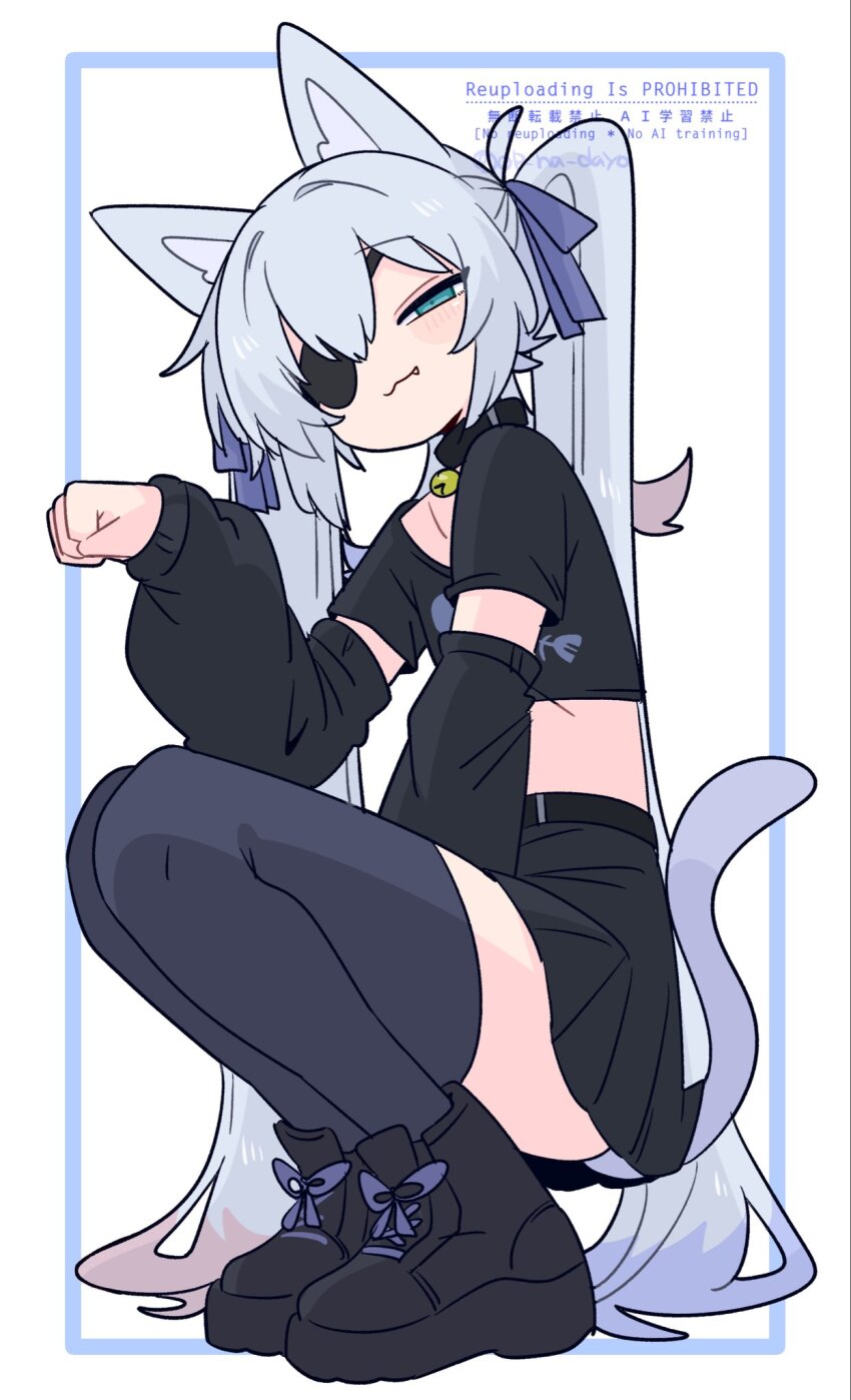 1boy :3 animal_ear_fluff animal_ears bell black_collar black_shirt black_shoes black_skirt black_sleeves blue_bow blue_eyes blue_hair bow cat_boy cat_ears cat_tail collar collarbone colored_tips commentary cropped_shirt crossdressing crossdressing_(mtf) detached_sleeves double-parted_bangs eyepatch fang fish_skeleton fish_skeleton_print flipped_hair from_side full_body grey_thighhighs hair_between_eyes hair_bow hair_intakes hand_up head_tilt highres jingle_bell long_hair looking_at_viewer male_focus midriff miniskirt multicolored_hair narrowed_eyes neck_bell no_nose one_eye_covered op_na_yarou original paw_pose pleated_skirt print_shirt puffy_detached_sleeves puffy_sleeves quad_tails red_hair rigel_(op_na_yarou) shirt shoes short_sleeves sidelocks simple_background skirt smile solo squatting straight_hair t-shirt tail thighhighs thighs trap very_long_hair watermark white_background white_hair