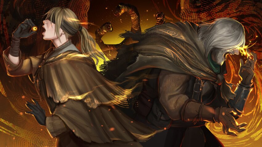 1boy 1girl armor black_cloak blindfold blonde_hair brown_capelet brown_dress capelet cloak commentary dovahcaine dress elden_ring embers english_commentary eyeball finger_maiden_hyetta flaming_eyes giant_hand gloves glowing grey_hair hand_up highres holding holding_eyeball long_hair open_mouth ponytail shabriri_(elden_ring) shabriri_grape standing three_fingers_(elden_ring) torn_clothes torn_dress vambraces