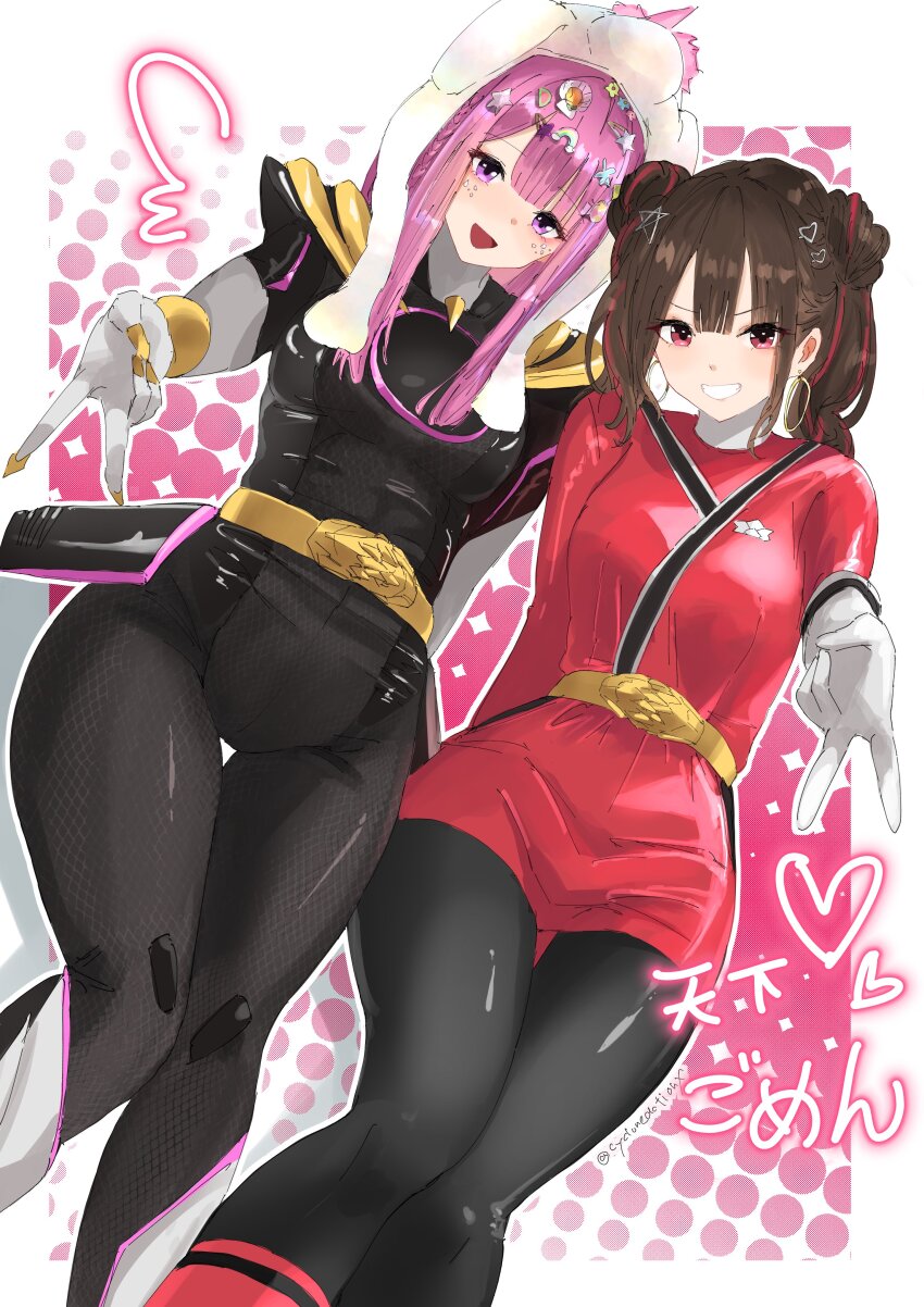 absurdres black_bow bodysuit bow breasts brown_hair cycloneactionx double_bun earrings fillipatch gozyuunicorn hair_bun highres hoop_earrings ichikawa_oto ichikawa_sumino jewelry long_hair medium_breasts multicolored_hair no.1_sentai_gozyuger pink_hair purple_eyes red_bodysuit red_eyes red_hair samurai_sentai_shinkenger shinken_red siblings sisters streaked_hair super_sentai tokusatsu two-tone_hair v