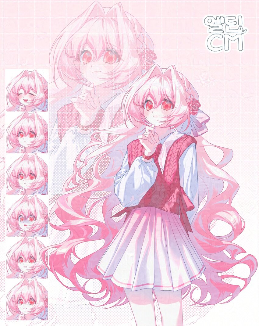 1girl ^_^ absurdres bow braid clenched_teeth closed_eyes closed_mouth collared_shirt commentary_request commission cowboy_shot dot_nose e_l_d_i_n expressionless eyelashes frown gradient_background gradient_clothes gradient_skirt hair_between_eyes hair_intakes hair_ribbon hair_rings hand_on_own_chest happy highres korean_commentary light_frown long_hair long_sleeves looking_at_viewer miniskirt multiple_expressions open_mouth original pink_background pink_bow pink_hair pink_ribbon pink_skirt pink_theme pink_vest pleated_skirt puffy_long_sleeves puffy_sleeves red_eyes ribbon scared shirt side_braid skirt smile standing sweater_vest tareme teeth turn_pale two-tone_skirt very_long_hair vest waist_bow watermark watermark_grid white_background white_shirt white_skirt wide-eyed zoom_layer