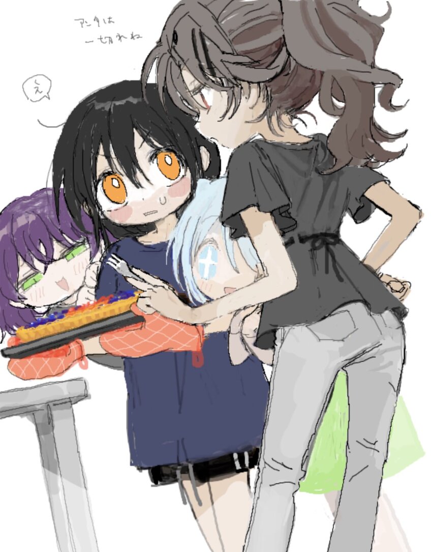+_+ 4girls agoshi_sakina black_hair black_shirt blue_eyes blue_shirt blue_shorts brown_hair denim dress dutch_angle empire_waist excited feet_out_of_frame fork frown green_dress green_eyes grey_hair grey_pants hand_on_own_hip highres hitonatz holding holding_fork holding_tray jeans long_hair looking_at_another looking_at_food multiple_girls null-meta open_mouth orange_eyes oven_mitts pants ponytail purple_hair shinohara_kogome shirt short_sleeves shorts simple_background small_sweatdrop smile souen_chiaki standing table takada_shiyuki translation_request tray v-shaped_eyebrows white_background