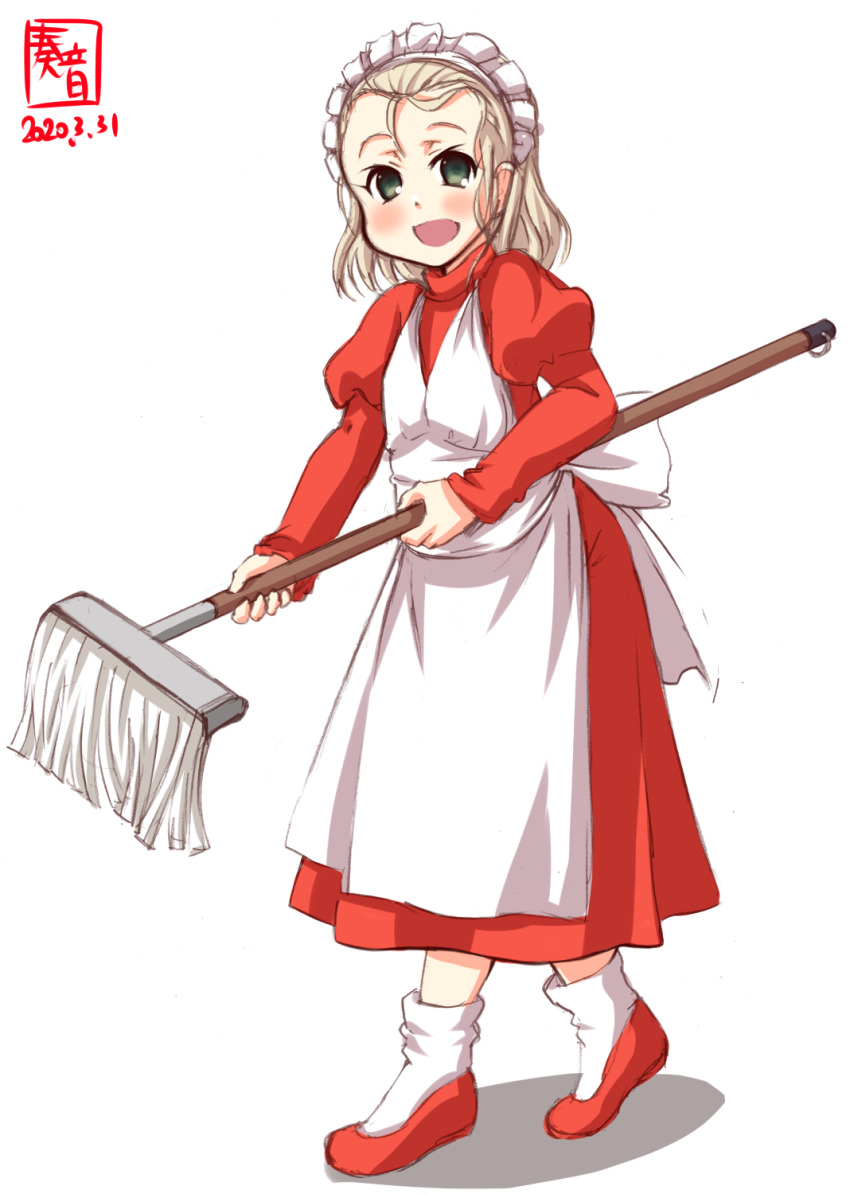 1girl apron artist_logo blonde_hair commentary_request cosplay dated dress female_focus full_body green_eyes highres kanon_(kurogane_knights) kantai_collection kikimora_(puyopuyo) kikimora_(puyopuyo)_(cosplay) logo look-alike looking_at_viewer luigi_torelli_(kancolle) maid maid_headdress mop puyopuyo red_dress short_hair simple_background smile solo white_apron white_background