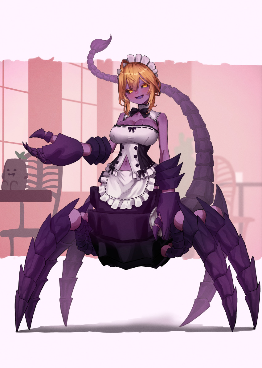 1girl absurdres ahoge apron arthropod_girl bare_shoulders black_bow black_bowtie black_sclera blonde_hair blush bow bowtie breasts cleavage clothing_cutout colored_sclera colored_skin commentary ekrea_jan frilled_apron frills full_body hair_between_eyes highres holding holding_plate indoors large_breasts large_hands light_blush looking_at_viewer maid maid_apron maid_headdress medium_hair monster_girl navel navel_cutout open_mouth original plate purple_skin scorpion_girl scorpion_tail smile solo standing tail taur yellow_eyes
