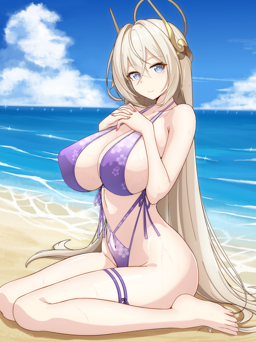 1girl alternate_costume blonde_hair blue_eyes blue_sky breasts carrss_(carrss1) closers cloud cloudy_sky collarbone commentary_request covered_erect_nipples day flame&#039;s_daughter floral_print_one-piece_swimsuit hair_between_eyes highres huge_breasts long_hair ocean one-piece_swimsuit outdoors purple_one-piece_swimsuit sky solo swimsuit very_long_hair water