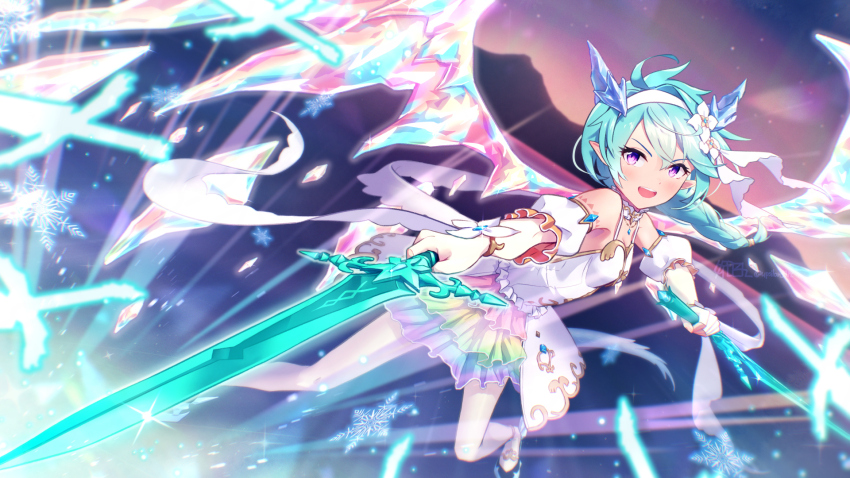 1girl blue_hair blue_horns braid commentary_request cross-laced_clothes cross-laced_dress crystal_horns crystal_tail crystal_wings dragon_girl dragon_horns dragon_wings dress floating floating_object floating_sword floating_weapon flower hair_flower hair_ornament hairband highres horns light_blue_hair princess_connect! purple_eyes rainbow_skirt rainbow_wings sheffy_(princess)_(princess_connect!) sheffy_(princess_connect!) single_braid solo sword upsilon3219 weapon white_dress white_flower white_hairband wings