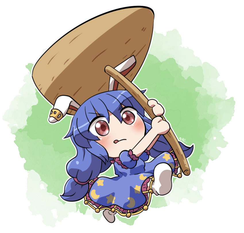 1girl :q animal_ears blue_dress blue_hair blush closed_mouth commentary_request crescent_print dress earclip full_body hands_up holding kine long_hair low_twintails mallet outline puffy_short_sleeves puffy_sleeves rabbit_ears rabbit_girl rokugou_daisuke seiran_(touhou) short_sleeves signature socks solo star_(symbol) star_print tongue tongue_out touhou twintails v-shaped_eyebrows walking white_outline white_socks