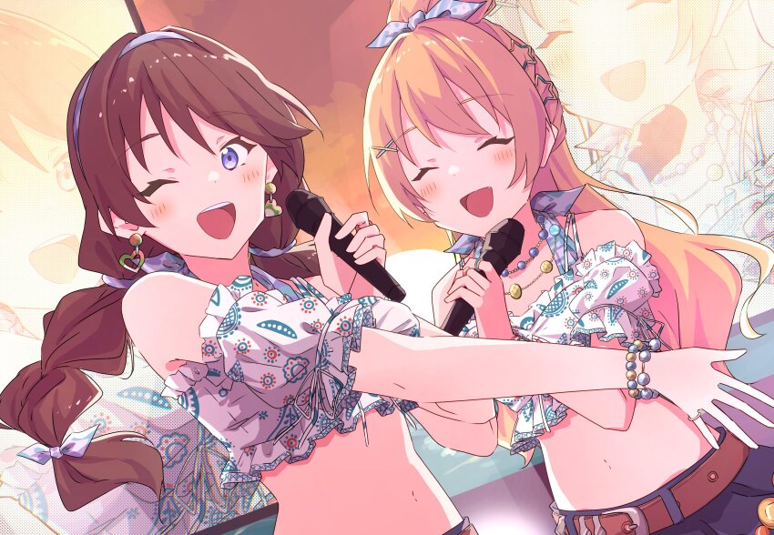 2girls ;d ^_^ absurdres bare_shoulders belt blonde_hair blue_skirt blush brown_belt brown_hair closed_eyes commentary_request cropped_shirt denim denim_skirt facing_viewer fang frilled_shirt frills fujishima_megumi hair_bun hair_ornament half_updo highres holding holding_microphone link!_like!_love_live! long_hair looking_at_viewer love_live! low_twintails microphone mira-cra_park! multi-tied_hair multiple_girls natsumeki_pain one_eye_closed open_mouth osawa_rurino outdoors outstretched_arm screen_zoom shiroko79 shirt single_hair_bun skirt smile star_(symbol) star_hair_ornament sunset twintails virtual_youtuber white_shirt