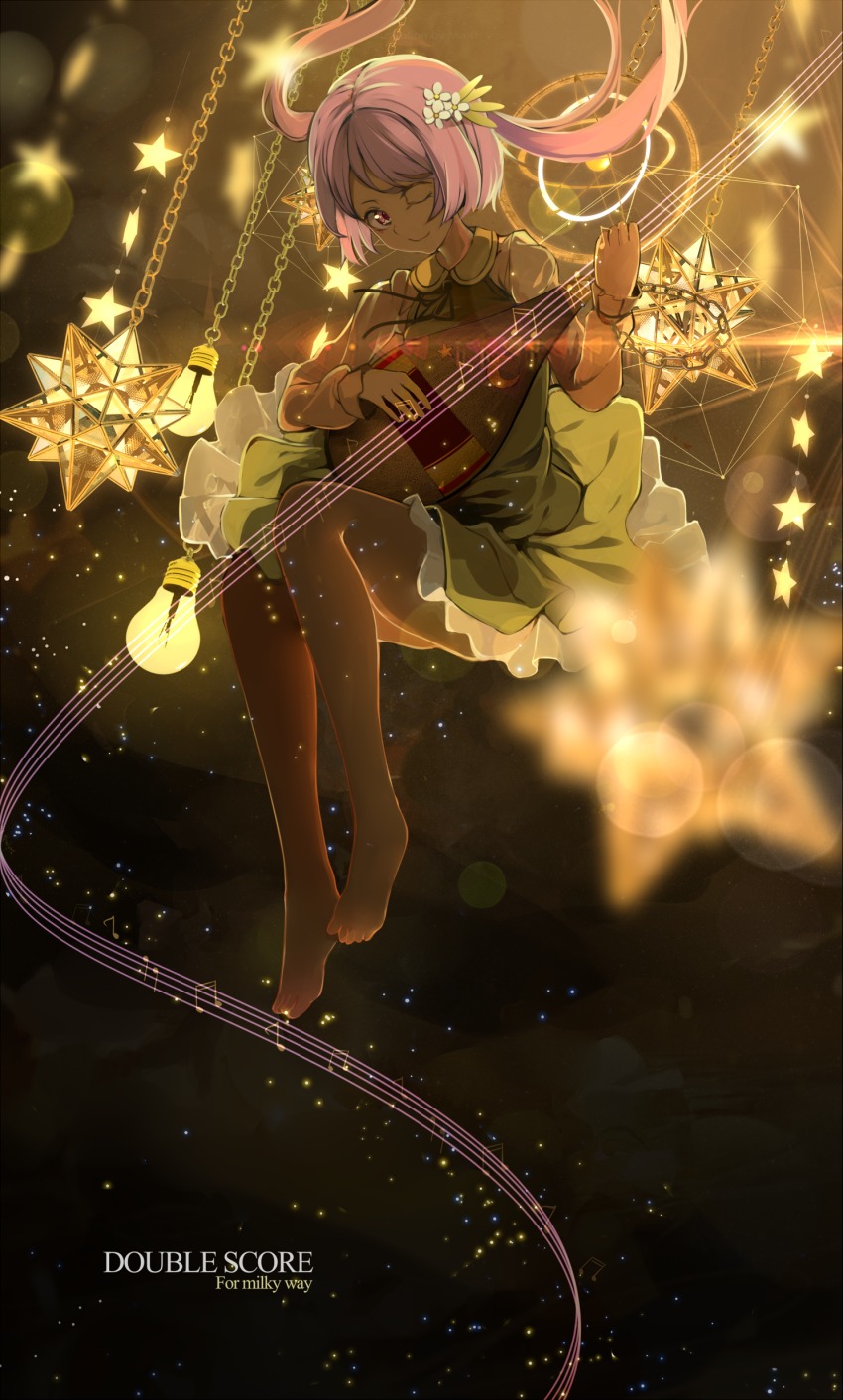 1girl absurdres backlighting barefoot beamed_semiquavers chain collared_dress dark dark-skinned_female dark_skin dress english_text female_focus flower full_body green_skirt hair_flower hair_ornament highres instrument invisible_chair light_bulb lute_(instrument) musical_note one_eye_closed pink_hair radiosity_(yousei) short_hair short_hair_with_long_locks sitting skirt small_stellated_dodecahedron smile solo star_(symbol) touhou tsukumo_benben