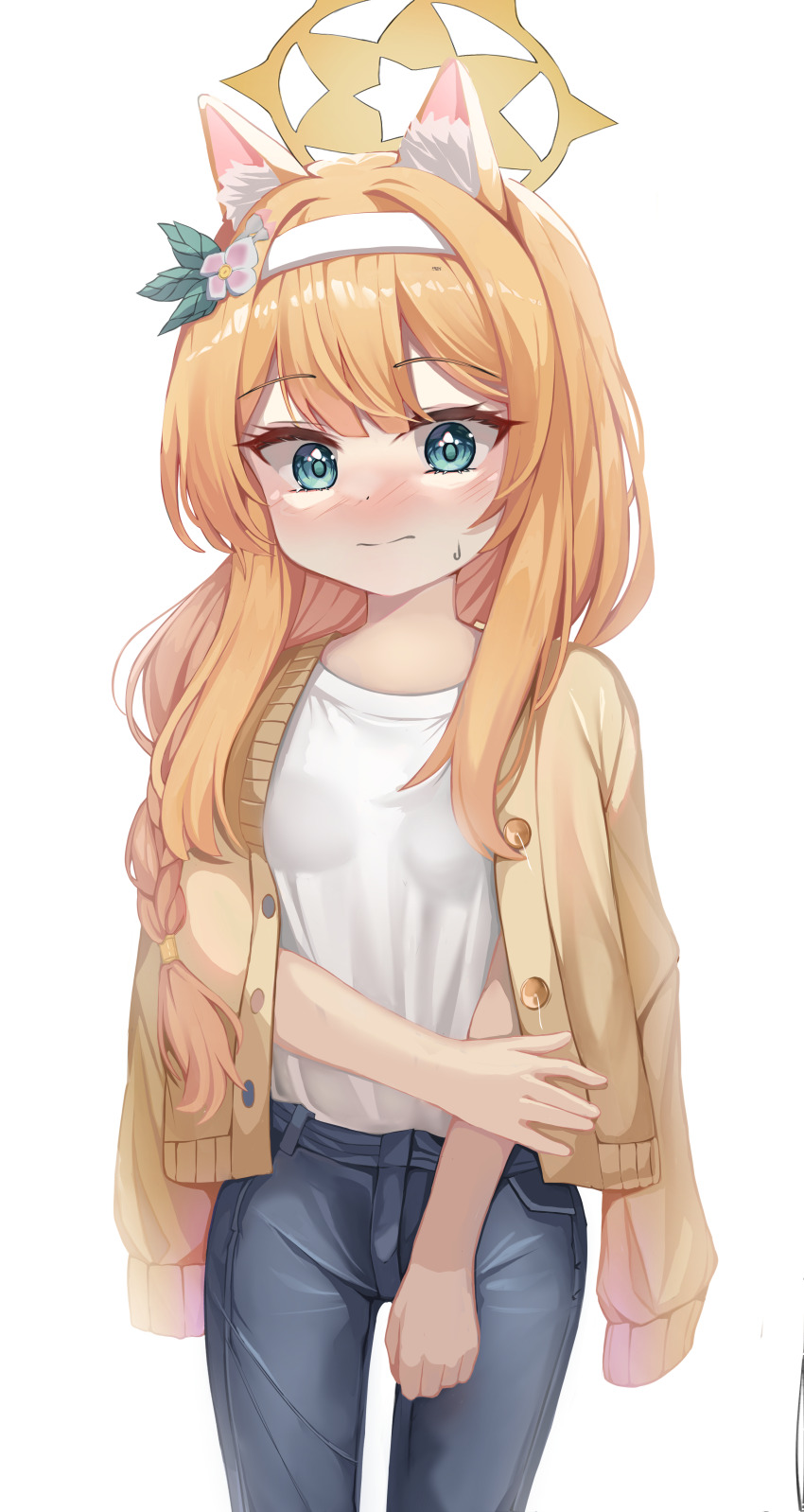 1girl absurdres alternate_costume animal_ears black_pants blue_archive blue_eyes blush breasts cardigan cardigan_on_shoulders cat_ears cat_girl closed_mouth cowboy_shot denim flower hair_flower hair_ornament hairband highres jeans long_hair long_sleeves looking_at_viewer mari_(blue_archive) orange_hair pants rate_aato simple_background small_breasts white_background white_hairband yellow_cardigan