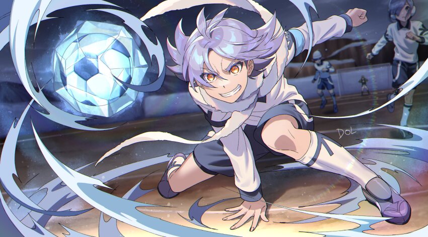 4boys armband ball black_footwear blue_armband blue_shorts dolustoy earmuffs fubuki_atsuya fubuki_shirou goal goalkeeper grey_hair hakoda_tetsu hakuren hand_on_ground highres ice inazuma_eleven inazuma_eleven_(series) kneehighs mabuka_souji male_focus multiple_boys orange_eyes playing_sports scarf shorts soccer_ball soccer_field soccer_uniform socks sorano_rebun sportswear white_scarf white_socks