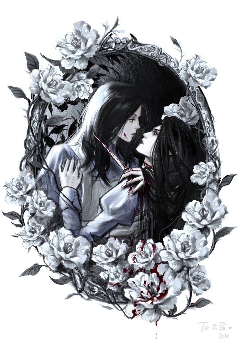2girls apron arms_around_neck black_eyes black_hair bleeding blood blood_on_face blue_dress border camellia_(pathfinder) colored_skin commentary cyq_kk dagger dress elf english_commentary eye_contact face-to-face floral_border flower from_side gift_art highres holding holding_dagger holding_knife holding_weapon juliet_sleeves knife knight_commander_(pathfinder) long_hair long_sleeves looking_at_another medium_hair multiple_girls ornate_border parted_lips pathfinder pointy_ears puffy_sleeves round_border signature slit_throat upper_body weapon white_apron white_background white_flower white_skin