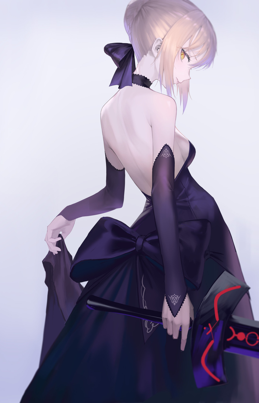 1girl artoria_pendragon_(fate) backless_dress backless_outfit bare_shoulders black_bow black_choker black_dress black_sleeves blonde_hair bow breasts choker detached_sleeves dress excalibur_morgan_(fate) fate/grand_order fate/stay_night fate_(series) grey_background hair_bow hair_bun highres holding holding_sword holding_weapon looking_at_viewer parted_lips saber_alter saber_alter_(third_ascension) shigma sidelocks sideways_glance skirt_hold slit_pupils small_breasts solo strapless strapless_dress sword weapon yellow_eyes