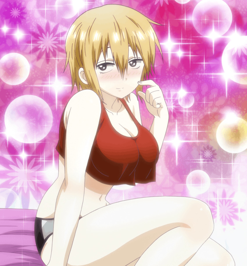 1girl anime_screenshot bed bell_hydra blonde_hair blood_lad blush breasts curvy female_focus grey_eyes highres large_breasts on_bed panties red_tank_top short_hair shy sitting solo tank_top thighs underwear