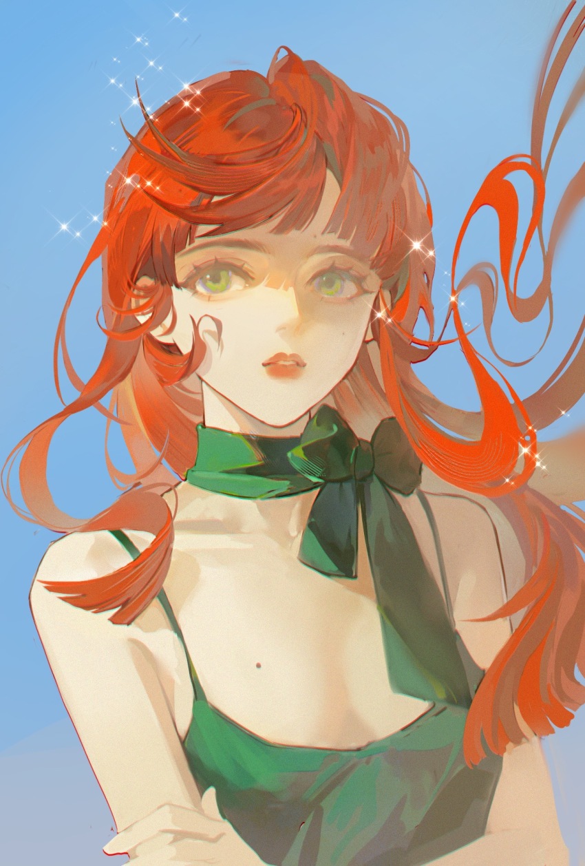1girl bare_arms bare_shoulders blue_background blunt_bangs blunt_ends bow bow_choker bowtie breasts character_request chinese_commentary choker cleavage collarbone commentary_request copyright_request crossed_arms expressionless eyelashes floating_hair green_bow green_bowtie green_choker green_eyes green_tank_top guaisanmu highres lipstick long_hair looking_at_viewer makeup mole mole_on_breast parted_lips red_hair red_lips sidelocks simple_background small_breasts solo spaghetti_strap sparkle swept_bangs tank_top thick_eyebrows upper_body very_long_hair