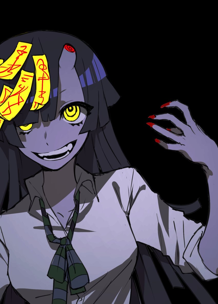 1girl :d ao_oni black_background blue_ribbon blunt_bangs broken_horn collared_shirt colored_skin commentary english_commentary fangs female_focus fingernails genderswap genderswap_(mtf) grey_hair hand_up head_tilt highres horns long_hair looking_at_viewer nail_polish neck_ribbon ofuda oni oni_horns open_mouth purple_skin red_nails ribbon ringed_eyes shirt simple_background sleeves_rolled_up smile solo striped_neckwear striped_ribbon the_oni_(ao_oni) tsu_(lovesick1964) upper_body white_shirt wing_collar yellow_eyes