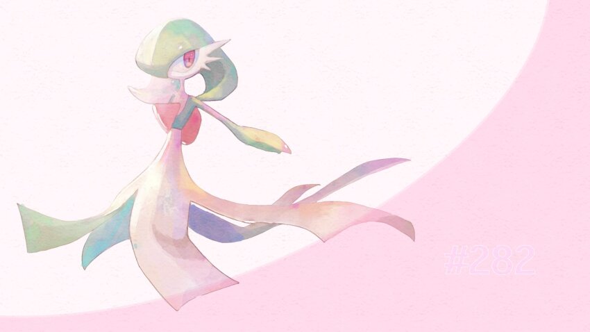 bob_cut colored_skin dress gardevoir gen_3_pokemon green_hair green_skin hair_over_one_eye highres multicolored_skin mxlaghrsuk33yws nintendo pink_background pink_eyes pokemon pokemon_(creature) simple_background two-tone_skin white_dress white_skin