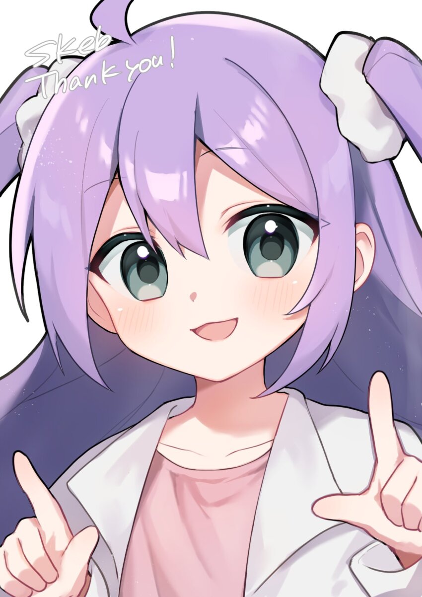 1girl :3 ahoge akikan_sabako collarbone commentary_request commission double-parted_bangs green_eyes hair_between_eyes hair_ornament hair_scrunchie hands_up highres index_fingers_raised jacket long_hair long_sleeves looking_at_viewer nemuri-chan okusuri_nonde_neyou_(vocaloid) open_clothes open_jacket open_mouth pink_shirt purple_hair scrunchie shirt simple_background skeb_commission two_side_up upper_body vocaloid white_background white_jacket white_scrunchie