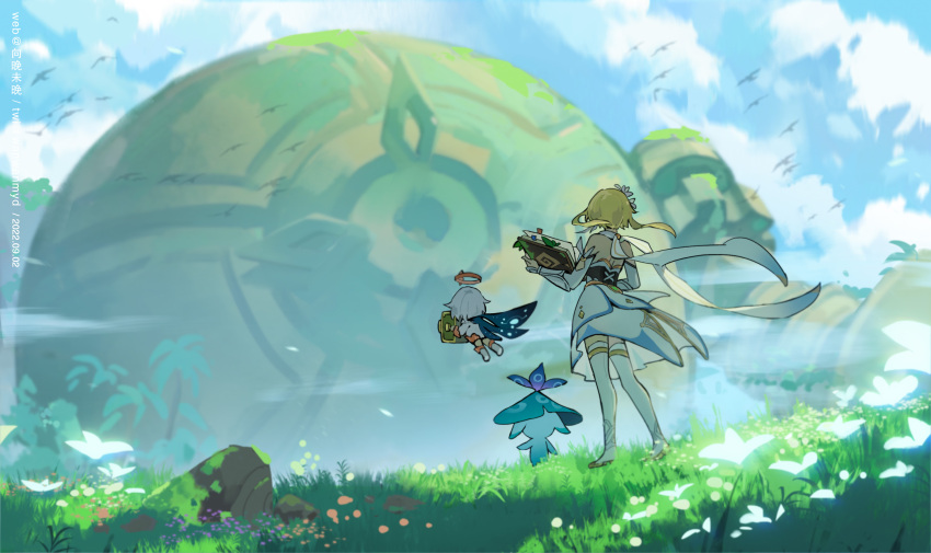 2girls absurdres aranara_(genshin_impact) ararycan_(genshin_impact) artist_name bare_shoulders bird black_cape blonde_hair book boots camera cape cliff cloud cloudy_sky dated day detached_sleeves dress facing_away floating_hair flower flying full_body genshin_impact gold_trim grass hair_flower hair_ornament halo highres holding holding_book holding_camera lumine_(genshin_impact) mecha multiple_girls outdoors paimon_(genshin_impact) plant robot rock ruin_golem_(genshin_impact) scenery short_hair_with_long_locks sidelocks sky sleeveless sleeveless_dress standing thigh_boots tree vambraces watermark white_cape white_dress white_flower white_footwear white_hair xiang_wan_wei_wan yellow_flower