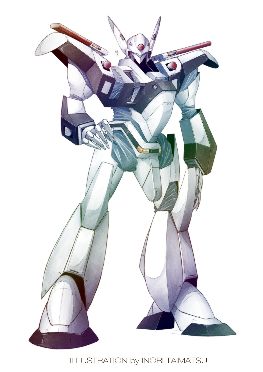absurdres arm_at_side artist_name assault_visor av-xo_type_zero commentary_request english_text full_body hand_up highres inori_taimatsu kidou_keisatsu_patlabor mecha mecha_focus no_humans police robot science_fiction signature simple_background solo standing white_background