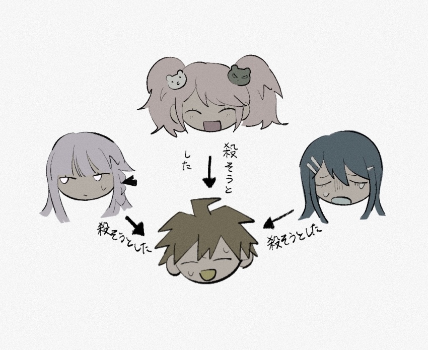 1boy 3girls :d arrow_(symbol) bear_hair_ornament blush brown_hair danganronpa:_trigger_happy_havoc danganronpa_(series) enoshima_junko hair_between_eyes hair_ornament hairclip head_only kirigiri_kyoko long_hair maizono_sayaka multiple_girls naegi_makoto open_mouth pink_hair sema_(vivaviva_02) short_hair simple_background smile translation_request twintails white_background