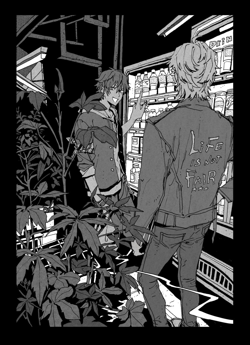 2boys :d ahoge alley aohitsugi_samatoki arm_at_side background_request bag bandana_around_arm black_border border bottle bracelet can cigarette denim drink_can ear_piercing earrings english_text from_behind full_body gakuran greyscale hair_between_eyes hand_on_own_hip highres holding holding_bag holding_cigarette hood hoodie hypnosis_mic industrial_pipe jacket jacket_over_hoodie jeans jewelry leather leather_jacket long_sleeves looking_at_viewer male_focus mole mole_under_eye monochrome multiple_boys night open_mouth pants piercing plant plastic_bag pointing_at_object school_uniform short_hair skinny_jeans sleeves_rolled_up smile smoke standing star_(symbol) user_fhve5477 vending_machine yamada_ichiro