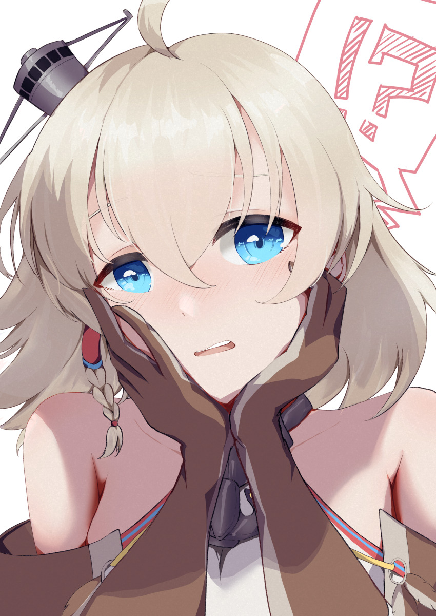 !? 1girl absurdres ahoge anchor_choker azur_lane bare_shoulders blonde_hair blue_eyes blush braid brown_capelet brown_gloves capelet commentary_request gloves hair_between_eyes halterneck hands_on_own_cheeks hands_on_own_face highres looking_at_viewer oklahoma_(azur_lane) oklahoma_(retrofit)_(azur_lane) open_mouth partial_commentary portrait rakuza_(ziware30) retrofit_(azur_lane) short_hair side_braid sidelocks simple_background solo spoken_interrobang white_background