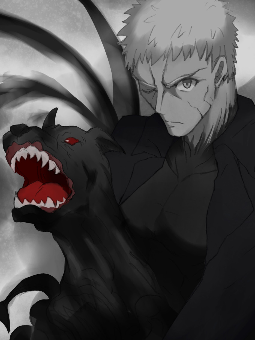 1boy absurdres black_coat coat dog grey_eyes grey_hair highres looking_at_viewer male_focus maz_515 monster nrvnqsr_chaos one_eye_closed open_clothes open_coat pectorals red_eyes sharp_teeth short_hair teeth tsukihime upper_body vampire
