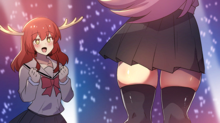 +_+ 2girls :d antlers black_skirt black_thighhighs bocchi_the_rock! commentary deer_antlers english_commentary gotoh_hitori green_eyes highres hinghoi horns jacket kita_ikuyo long_hair looking_at_another looking_at_viewer multiple_girls open_mouth parody pink_hair pink_jacket pleated_skirt red_hair sailor_collar school_uniform shikairo_days shikairo_days_dance_(meme) shikanoko_nokonoko_koshitantan shuka_high_school_uniform skindentation skirt smile thighhighs thighs