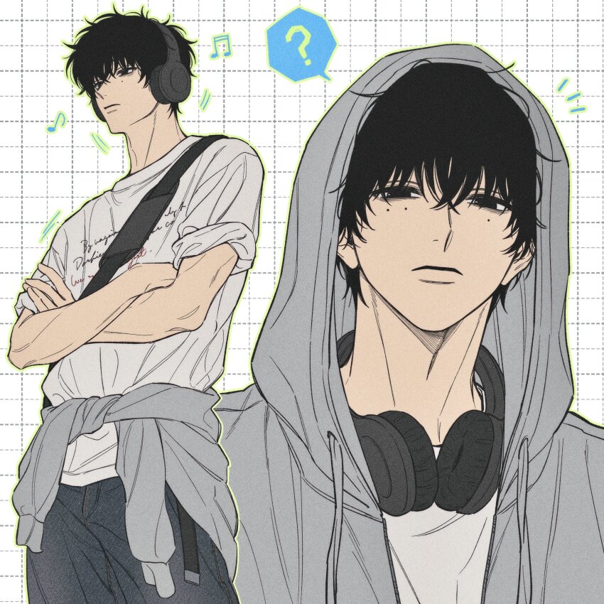 1boy ? adam&#039;s_apple black_eyes black_hair closed_mouth clothes_around_waist cowboy_shot crossed_arms expressionless from_side grid_background headphones highres hood hood_up hoodie jacket jacket_around_waist kuroiisana listening_to_music male_focus mole mole_under_eye multiple_views musical_note open_clothes open_jacket pants portrait sakamoto_days seba_natsuki shirt sleeves_rolled_up toned toned_male wavy_hair white_shirt