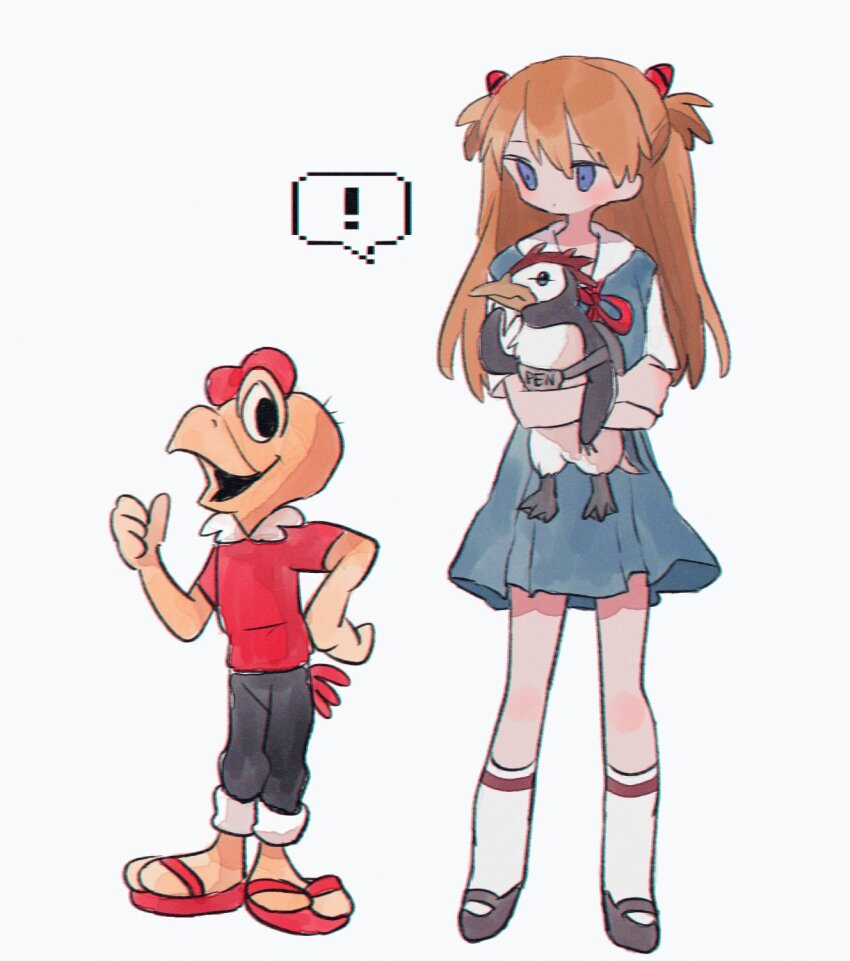1girl 2boys beak bird bird_boy blue_eyes blush chile condorito condorito_(character) crossover full_body highres looking_at_another looking_at_viewer multiple_boys neon_genesis_evangelion orange_hair penguin penpen red_ribbon ri_(qrcode) ribbon school_uniform simple_background skirt souryuu_asuka_langley speech_bubble suspender_skirt suspenders tokyo-3_middle_school_uniform white_background