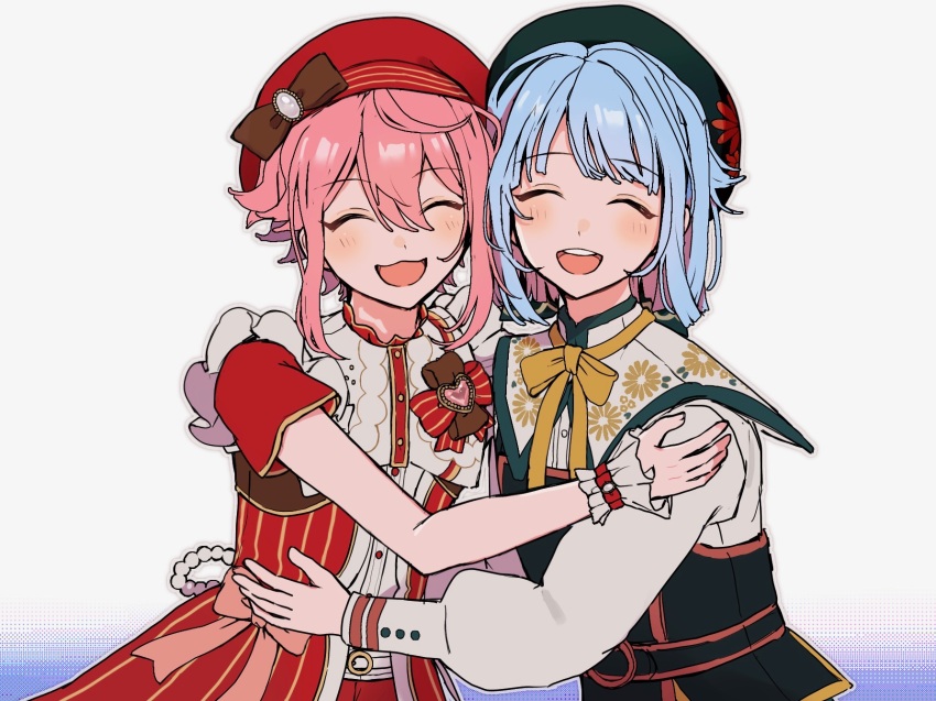 2boys ^_^ androgynous beret black_vest blue_hair blunt_bangs blunt_ends bob_cut bow c54chu0113 capelet closed_eyes coat double-parted_bangs ensemble_stars! facing_viewer floral_print friends green_trim hair_between_eyes happy hat hat_bow highres himemiya_tori hug_from_side long_sleeves male_focus multiple_boys neck_ribbon official_alternate_costume open_clothes open_coat open_mouth outline pink_hair print_capelet red_coat red_hat red_trim ribbon shino_hajime shirt short_sleeves shoulder-to-shoulder side-by-side sidelocks smile teeth trap upper_body upper_teeth_only vest white_background white_outline white_shirt yellow_ribbon