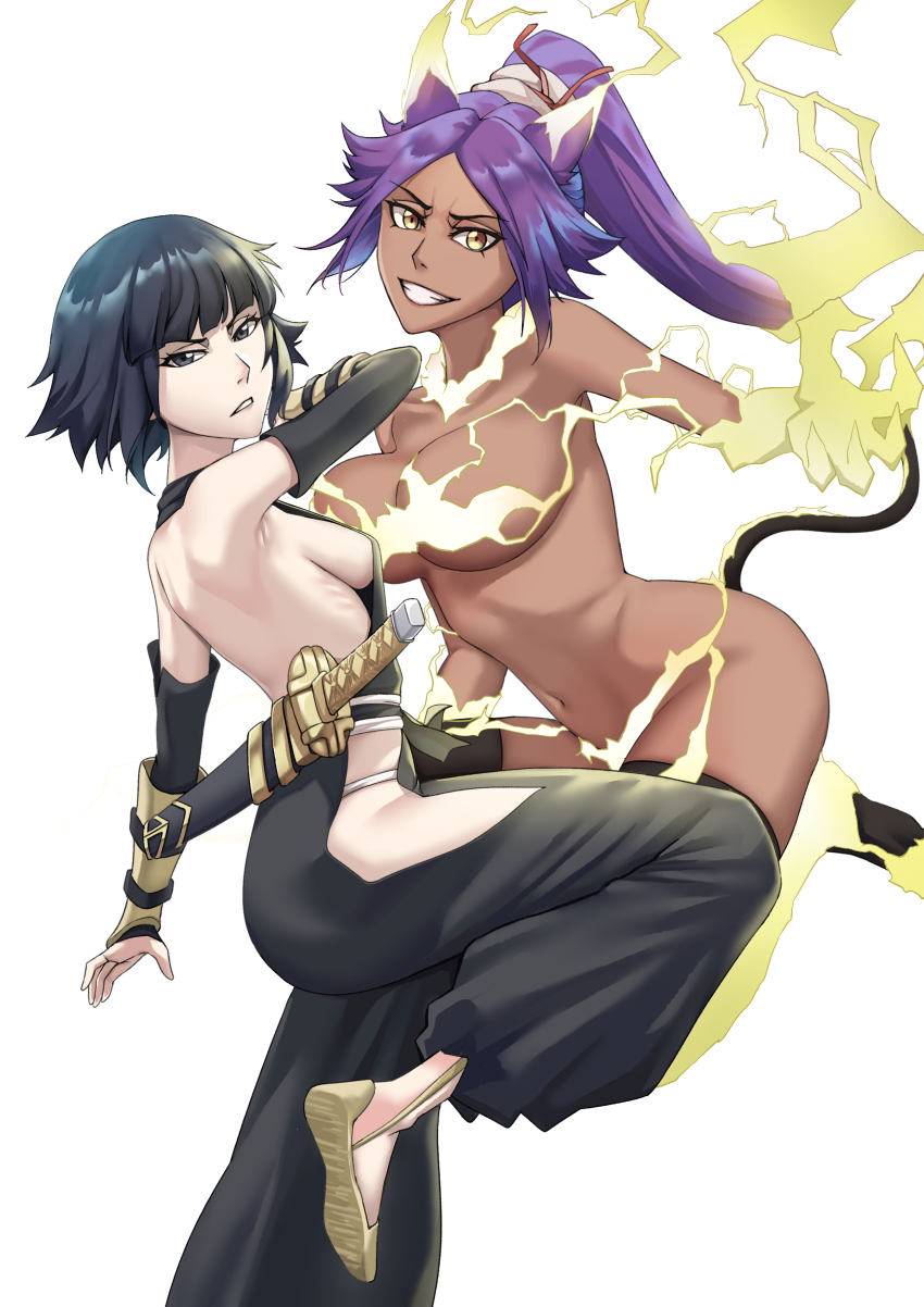 2girls absurdres bare_back bare_shoulders black_hair black_thighhighs bleach bleach:_sennen_kessen-hen breasts collarbone dark-skinned_female dark_skin detached_sleeves electricity electrokinesis female_focus hair_ears hair_ornament highres japanese_clothes large_breasts long_hair looking_at_viewer medium_hair multiple_girls navel ponytail purple_hair sakuya_(liao_kj) shihakusho shihouin_yoruichi sideboob simple_background small_breasts sui-feng suzumebachi_(shikai) sword sword_on_back tail teeth thighhighs thighs weapon weapon_on_back white_background yellow_eyes zanpakutou
