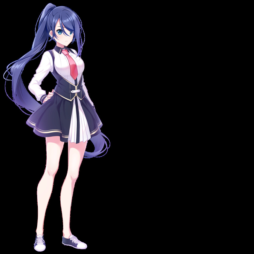 1girl aiba_mio aqua_eyes bare_legs blue_eyes blue_hair blush breasts closed_mouth feet female_focus full_body hand_on_own_hip high_ponytail highres large_breasts legs legs_apart light_blush long_hair looking_at_viewer necktie omega_labyrinth omega_labyrinth_life original ponytail school_uniform serious shoes skirt sneakers solo standing thighs transparent_background u35 very_long_hair