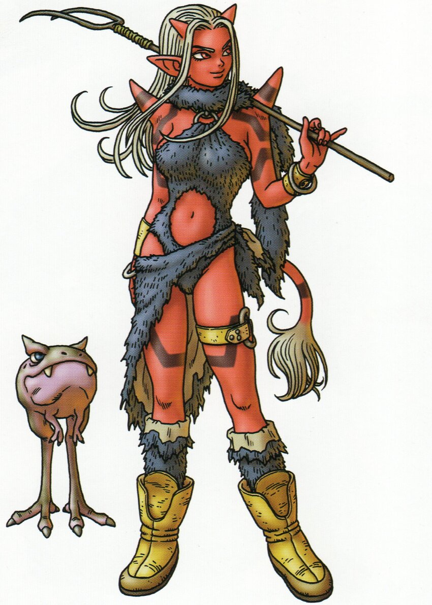 1girl 1other absurdres boots bracelet breasts clothing_cutout colored_skin creature_request dragon_quest dragon_quest_x floating_hair full_body fur_scarf heroine_(dq10) highres holding holding_pitchfork horns jewelry large_breasts leotard looking_to_the_side navel navel_cutout o-ring o-ring_thigh_strap official_art ogre_(dq10) parted_hair pitchfork pointy_ears red_skin scan shoulder_spikes sideboob smirk spikes stomach_cutout tail thigh_strap third-party_source toriyama_akira white_background white_hair yellow_boots