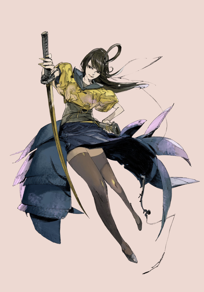 1girl absurdres ahoge brown_hair female_focus full_body high_heels highres katana long_hair official_art pantyhose scabbard sheath shoes simple_background sin_and_punishment sin_and_punishment:star_successor skirt solo suzuki_yasushi sword thighhighs treasure_(developer) tsumi_to_batsu:_sora_no_koukeisha weapon yaju_hibaru
