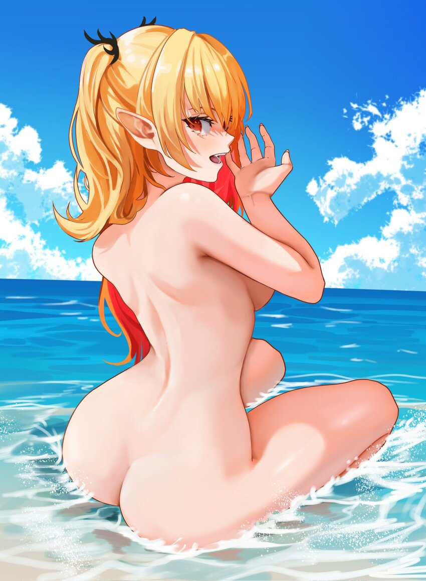 1girl beach blonde_hair breasts chromashift elf female_focus hag long_hair mana_(manasenshou) multicolored_hair necromancer nude ocean pointy_ears red_eyes red_hair ruby_runeheart small_breasts solo solo_focus two-tone_hair virtual_youtuber vtuber_fanart witch