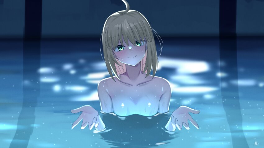 1girl absurdres ahoge artoria_pendragon_(fate) blonde_hair blush chainsaw_man collarbone fate/stay_night fate_(series) green_eyes highres i&#039;ll_teach_you_everything_(chainsaw_man) long_hair nude partially_submerged rey_r31_44 saber_(fate) scene_reference shiny_skin smile solo water