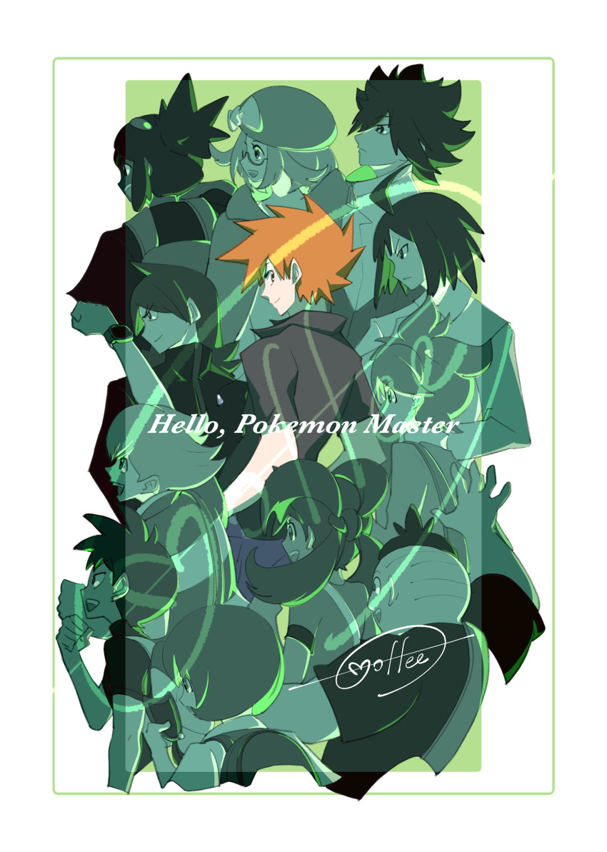2girls 6+boys absurdres barry_(pokemon) bianca_(pokemon) blue_oak border brown_eyes cccacademia cheren_(pokemon) closed_mouth collared_shirt green_background hau_(pokemon) highres hugh_(pokemon) looking_back mixed-language_commentary multiple_boys multiple_girls nintendo pokemon pokemon_bw2 pokemon_dppt pokemon_frlg pokemon_hgss pokemon_lgpe pokemon_oras pokemon_sm pokemon_xy shauna_(pokemon) shirt short_hair short_sleeves signature silver_(pokemon) smile spiked_hair tierno_(pokemon) trace_(pokemon) trevor_(pokemon) wally_(pokemon) white_border