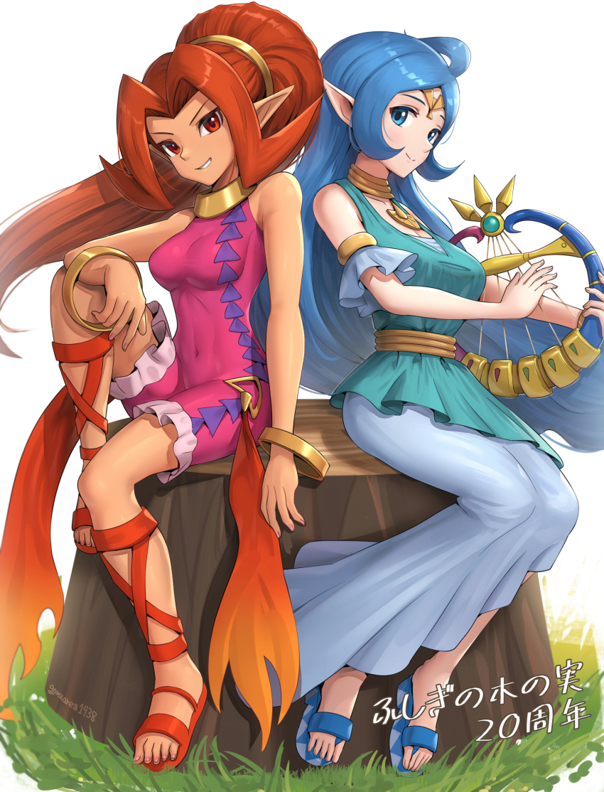 2girls blue_dress blue_eyes blue_hair bodysuit bracelet din dress gonzarez grass grin harp highres instrument jewelry long_hair looking_at_viewer multiple_girls nayru necklace nintendo pointy_ears ponytail red_eyes red_hair skin_tight sleeveless smile the_legend_of_zelda the_legend_of_zelda:_oracle_of_ages the_legend_of_zelda:_oracle_of_seasons tree_stump