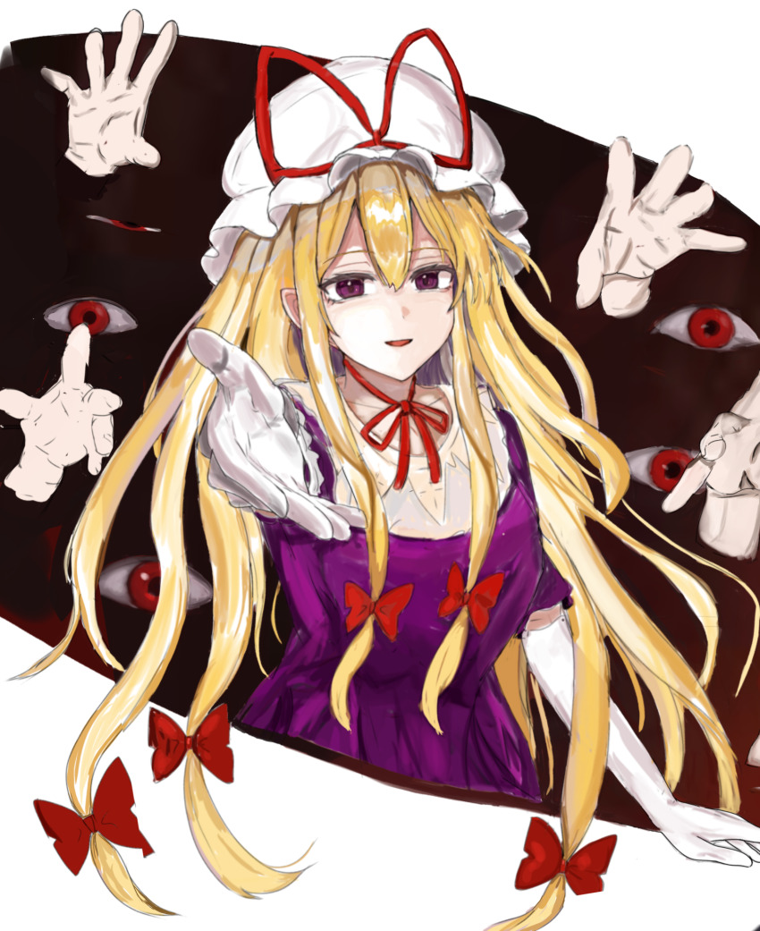 1girl 83mkneinlsqmebq blonde_hair bow choker commentary disembodied_hand dress elbow_gloves gap_(touhou) gloves hair_between_eyes hair_bow hat hat_ribbon highres long_hair looking_at_viewer mob_cap multiple_hair_bows open_mouth purple_dress purple_eyes reaching reaching_towards_viewer red_ribbon ribbon ribbon_choker short_sleeves simple_background smile solo touhou upper_body very_long_hair white_background white_gloves white_hat yakumo_yukari