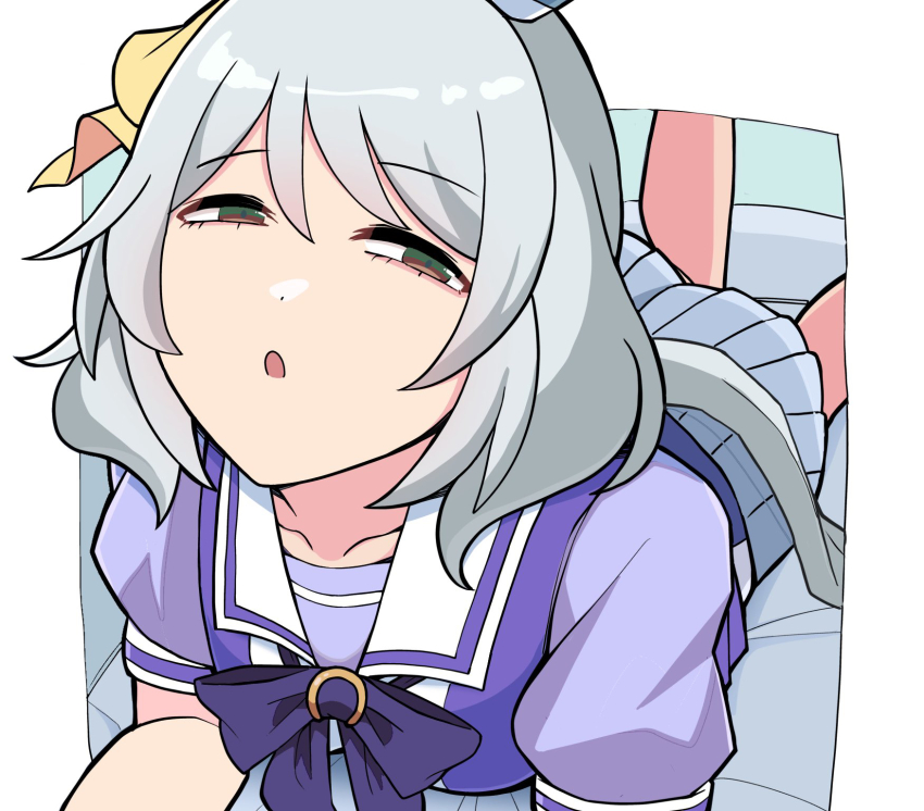 1girl bow bowtie brown_eyes character_request collarbone couchpotato_op expressionless grey_hair hair_between_eyes highres kawamochi_(tddm3573) lying on_stomach open_mouth pleated_skirt puffy_short_sleeves puffy_sleeves purple_bow purple_bowtie purple_shirt sailor_collar shirt short_hair short_sleeves skirt solo umamusume white_sailor_collar white_skirt