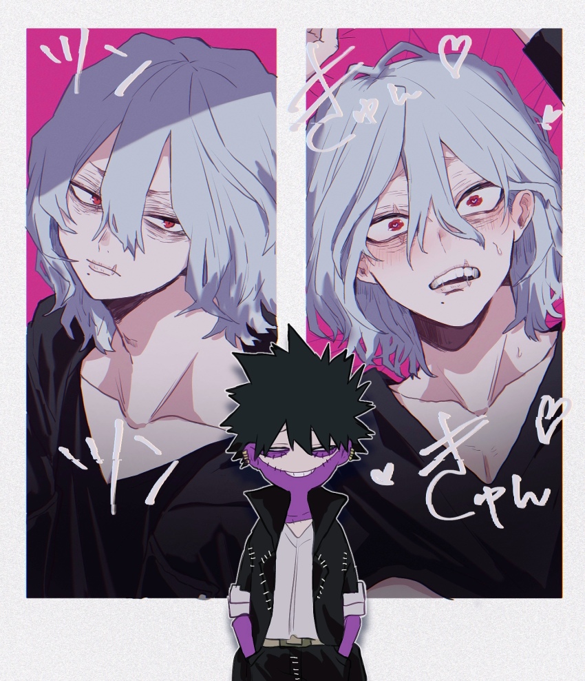 2boys ametaro_(ixxxzu) arms_up black_hair black_jacket blue_eyes blush boku_no_hero_academia burn_scar cheek_piercing dabi_(boku_no_hero_academia) face_piercing grey_hair grin hands_in_pockets heart highres implied_yaoi jacket male_focus medium_hair multiple_boys multiple_scars piercing red_eyes scar scar_on_face shigaraki_tomura shirt short_hair simple_background smile spiked_hair staple stapled white_background white_shirt wrinkled_skin