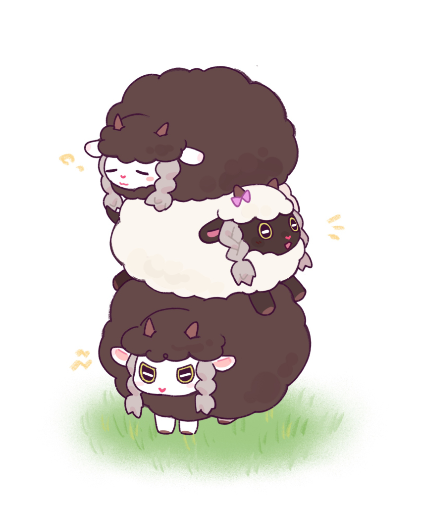 :3 alternate_color animal_focus blush_stickers closed_eyes closed_mouth commentary_request dian_(nanooo_i) gen_8_pokemon grass highres nintendo no_humans notice_lines open_mouth pokemon pokemon_(creature) sheep shiny_pokemon smile stack wooloo