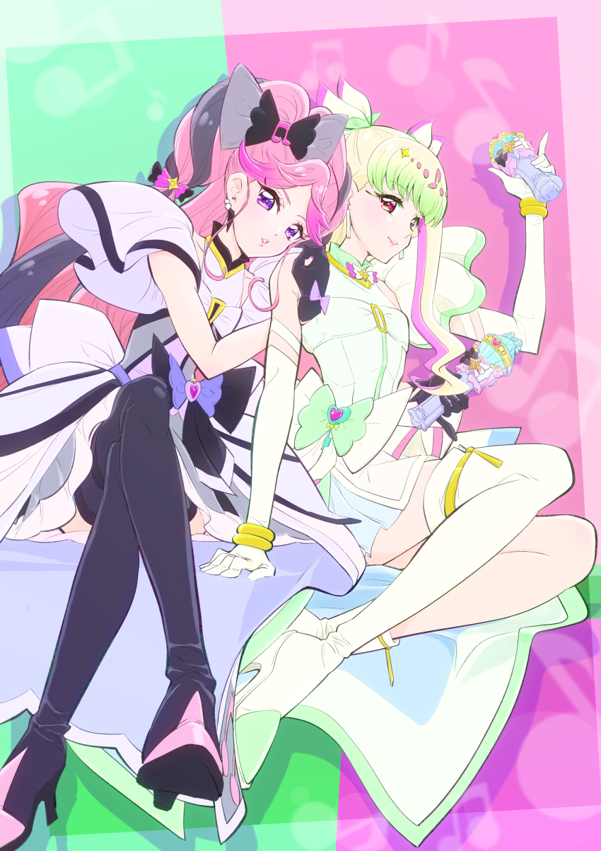 2girls absurdres bare_arms bare_shoulders black_gloves black_hair blonde_hair blunt_bangs boots braid choker crossed_legs cure_kiss cure_zukyuun dress earrings elbow_gloves finger_gun fortissimo frilled_dress frilled_ribbon frilled_skirt frilled_sleeves frills gloves grabbing_another&#039;s_shoulder gradient_hair green_hair hair_extensions hair_ornament hair_ribbon hair_tie hair_wings heart-shaped_lock high_heels highres holding holding_another&#039;s_arm holding_stick itaoka1 jewelry kimi_to_idol_precure knee_boots kneehighs leaning_on_person leaning_to_the_side long_hair looking_at_viewer multicolored_hair multiple_earrings multiple_girls musical_note musical_note_background musical_note_hair_ornament open_mouth parted_bangs pearl_earrings pink_hair precure puffy_short_sleeves puffy_sleeves purple_eyes red_eyes ribbon ribbon_choker ribbon_trim short_sleeves sideways_glance single_bare_leg single_kneehigh single_sock sitting skirt sleeveless socks stick twin_braids twintails very_long_hair white_gloves wing_hair_ornament