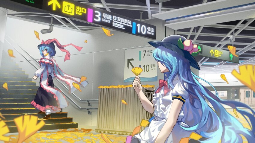 2girls black_headwear black_skirt blue_hair bow bowtie capelet chinese_commentary commentary_request food frilled_skirt frills fruit hat hat_bow highres hinanawi_tenshi hxj_(2324184595) indoors leaf long_hair long_sleeves looking_at_another multiple_girls nagae_iku peach rainbow_order red_bow red_bowtie shirt short_hair short_sleeves skirt stairs touhou train_station white_capelet white_shirt