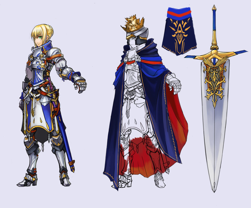 1girl alternate_costume armor artoria_pendragon_(fate) cape character_design reference_sheet concept_art fate/stay_night fate_(series) full_body greaves hair_bun helmet knight multiple_views saber_(fate) scabbard sheath sheathed simple_background single_hair_bun standing sword todee variations weapon